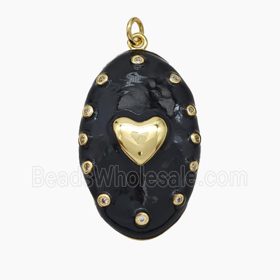 Copper Oval Pendant Black Enamel Heart Gold Plated