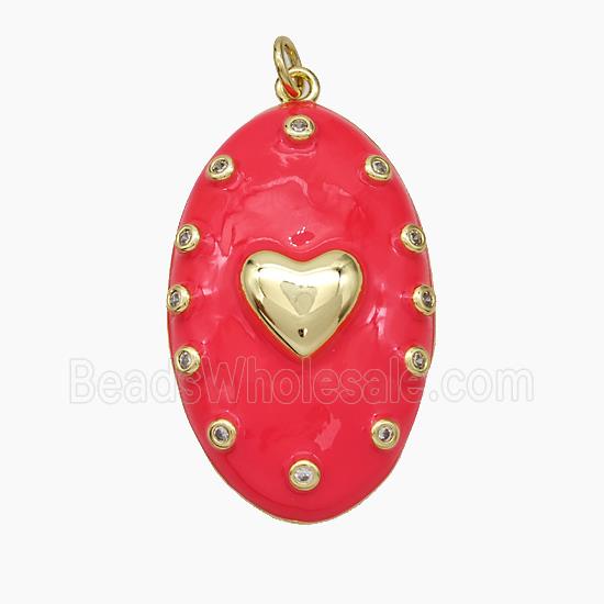 Copper Oval Pendant Red Enamel Heart Gold Plated