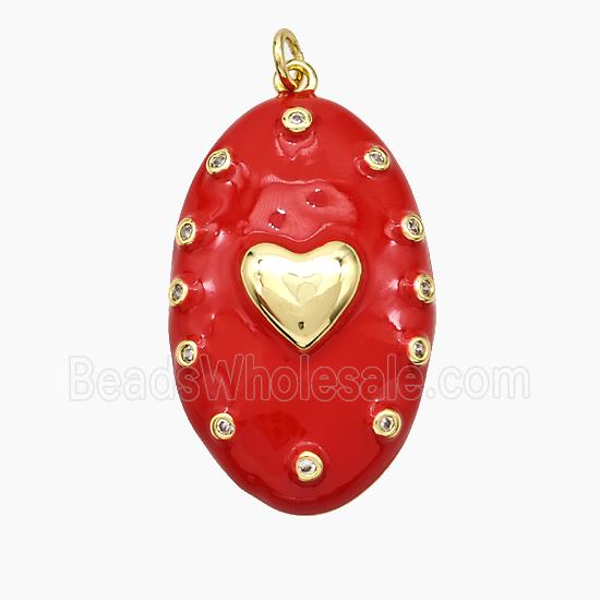 Copper Oval Pendant Red Enamel Heart Gold Plated