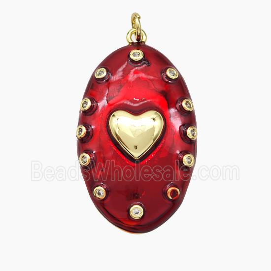 Copper Oval Pendant Red Painted Heart Gold Plated