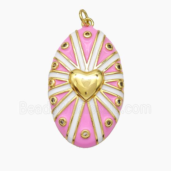 Copper Oval Pendant Pink Enamel Heart Gold Plated