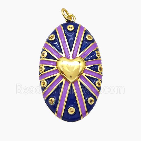 Copper Oval Pendant Blue Enamel Heart Gold Plated