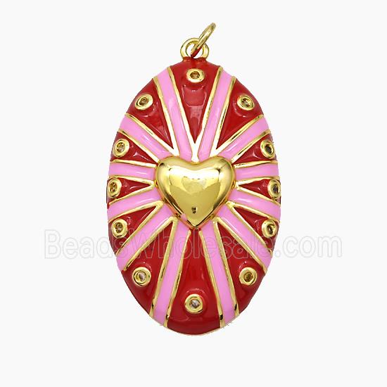 Copper Oval Pendant Pink Red Enamel Heart Gold Plated