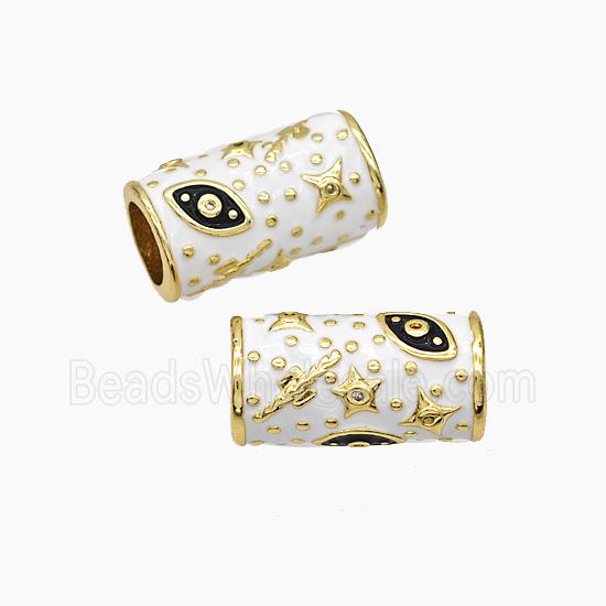 Copper Tube Beads White Enamel Star Eye Large Hole Gold Plated