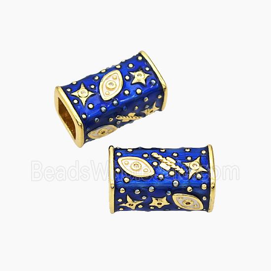 Copper Cuboid Beads Blue Enamel Star Eye Large Hole Gold Plated