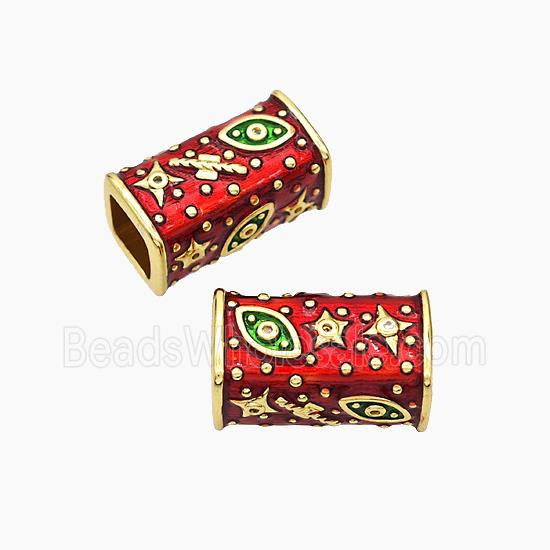 Copper Cuboid Beads Red Enamel Star Eye Large Hole Gold Plated