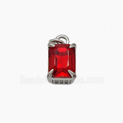Red Cubic Zirconia Pendant Copper Rectangle Platinum Plated