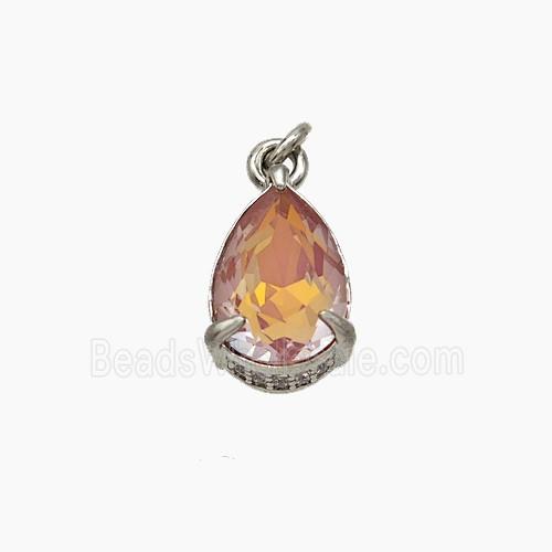 Orange Cubic Zirconia Pendant Copper Teardrop Platinum Plated