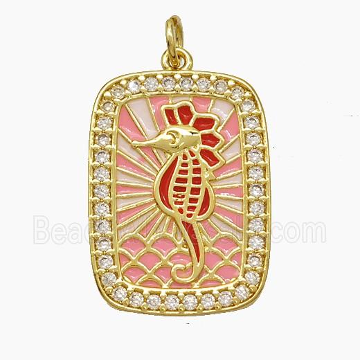 Copper Tarot Card Pendant Pave Zirconia Seahorse Red Enamel Gold Plated