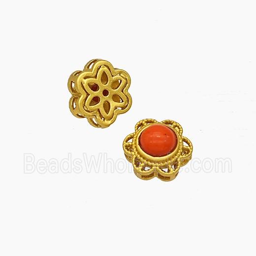 Copper Flower Beads Pave Resin Gold Plated