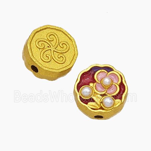 Copper Flower Beads Pave Pearlized Resin Painted Gold Plated