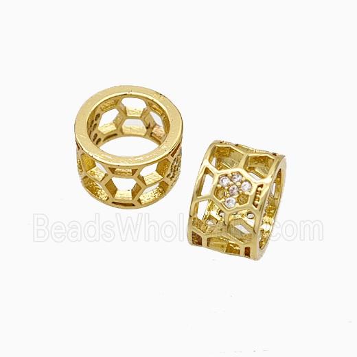 Copper Tube Beads Pave Zirconia Large Hole Hollow Gold Plated