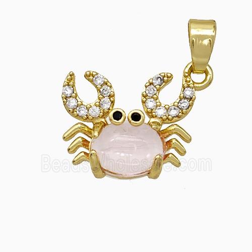 Copper Crab Pendant Pave Zirconia Lt.pink Jade Gold Plated