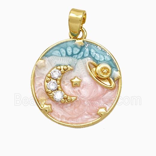 Copper Moon Planet Pendant Pave Zirconia Painted Gold Plated