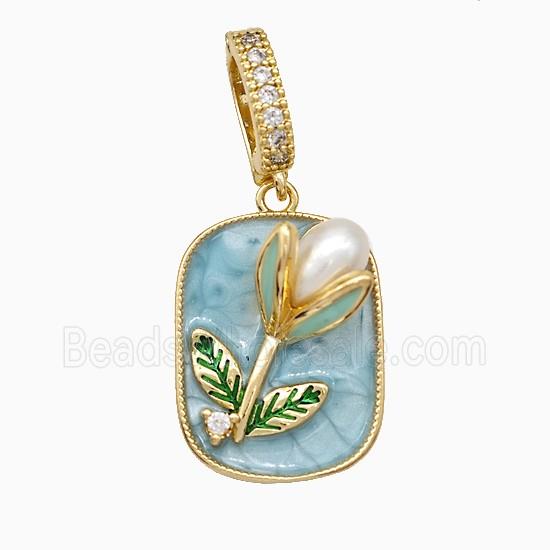 Copper Flower Pendant Pave Pearlized Resin Blue Painted Gold Plated