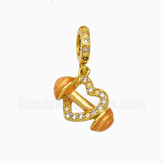 Copper Heart Dumbbell Pendant Pave Zirconia Orange Painted Gold Plated