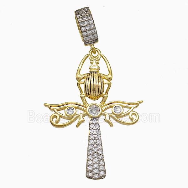 Copper Angel Wing And Ladybug Cross Pendant Pave Zirconia Gold Plated