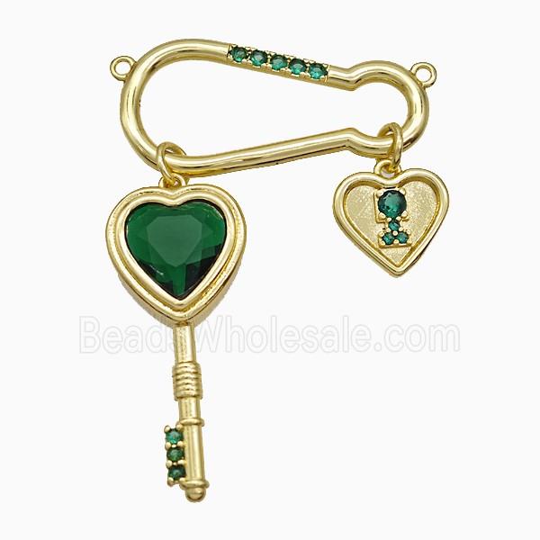 Copper Key Heart Pendant Pave Zirconia 2loops Gold Plated