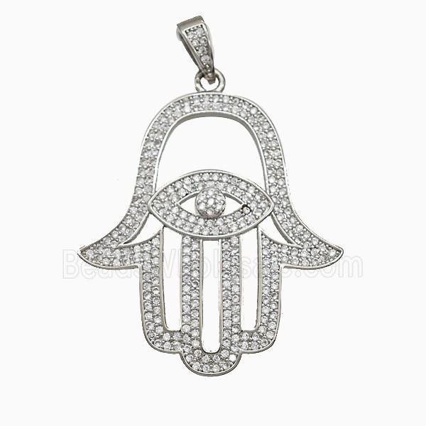 Copper Hansahand Pendant Micropave Zirconia Eye Platinum Plated