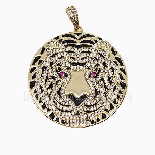 Copper Tiger Pendant Micropave Zirconia Black Enamel Gold Plated