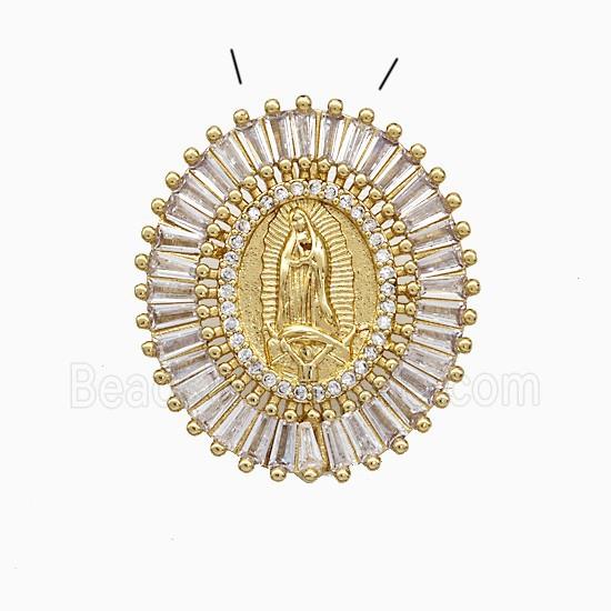 Copper Virgin Mary Pendant Pave Zirconia Oval Gold Plated