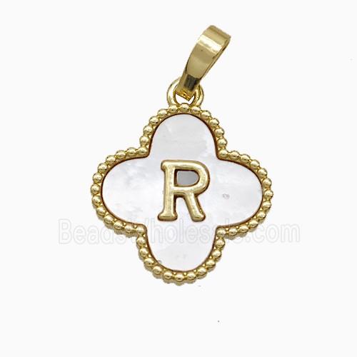 Copper Clover Pendant Pave Shell Letter-R 18K Gold Plated