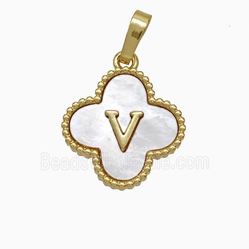 Copper Clover Pendant Pave Shell Letter-V 18K Gold Plated