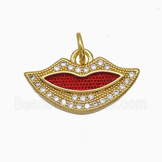 Copper Lips Pendant Pave Zirconia Red Painted 18K Gold Plated