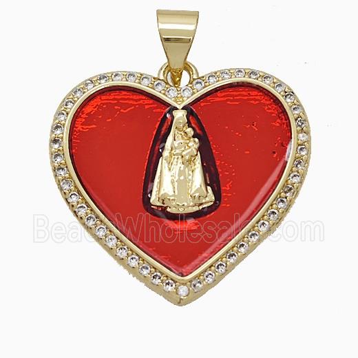 Copper Virgin Mary Heart Pendant Pave Zirconia Red Painted 18K Gold Plated