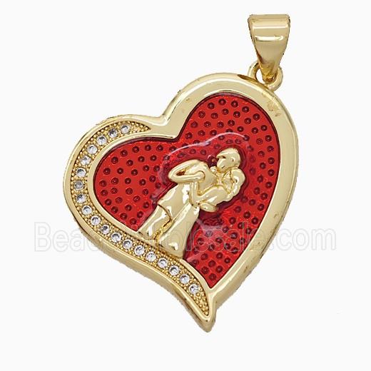 Copper Couple Heart Pendant Pave Zirconia Red Painted 18K Gold Plated
