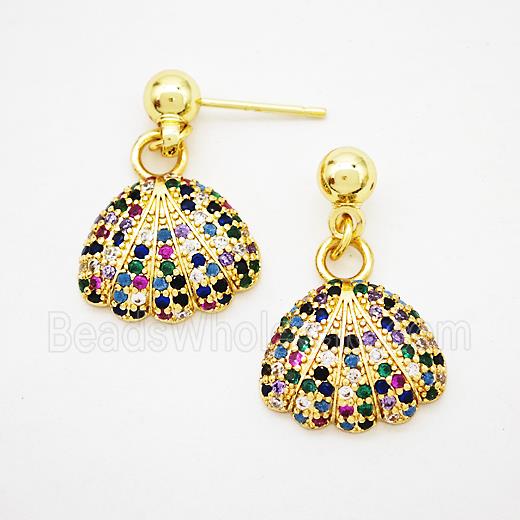 Scallop Shell Copper Stud Earrings Pave Zirconia Gold Plated