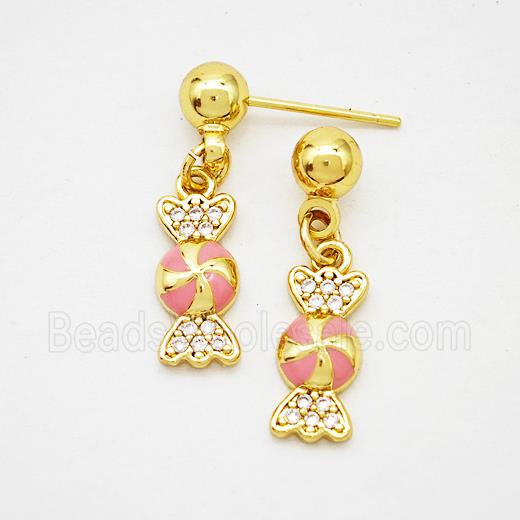 Copper Candy Stud Earrings Pink Enamel Gold Plated