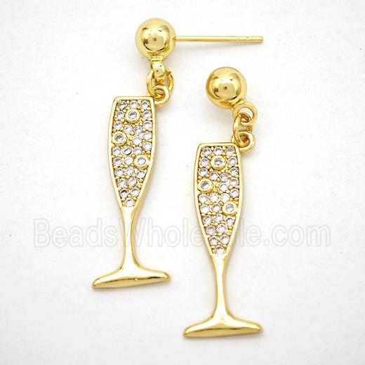 Copper Wine Cup Stud Earrings Pave Zirconia Gold Plated