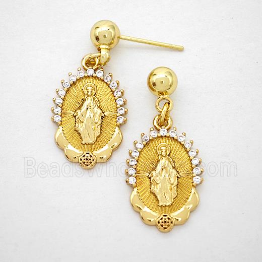 Copper Virgin Mary Stud Earrings Pave Zirconia Gold Plated
