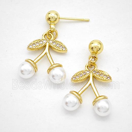 Copper Cherry Stud Earrings Pave Zirconia Pearlized Resin Gold Plated