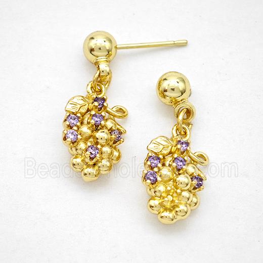 Copper Grape Stud Earrings Pave Zirconia Gold Plated