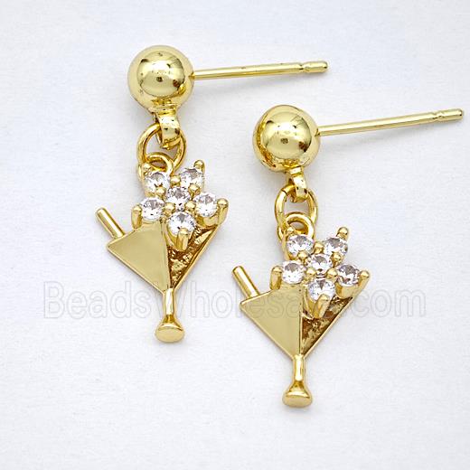 Copper Stud Earrings Pave Zirconia IceCream Drink Cup Gold Plated
