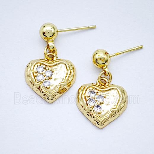 Copper Heart Stud Earrings Pave Zirconia Gold Plated