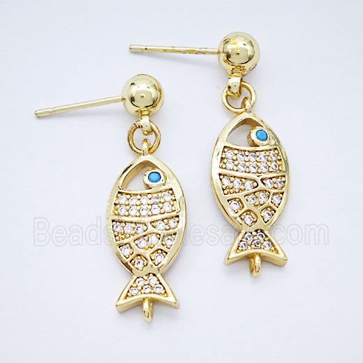 Copper Fish Stud Earrings Pave Zirconia Gold Plated