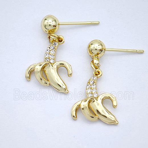 Copper Banana Stud Earrings Pave Zirconia Gold Plated