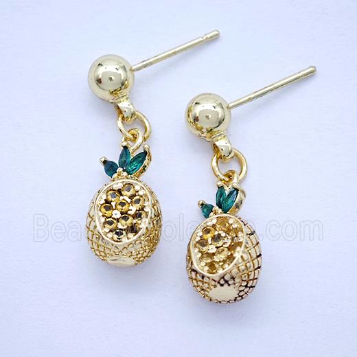 Copper Pineapple Stud Earrings Pave Zirconia Gold Plated