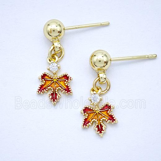 Copper Maple Leaf Stud Earrings Pave Zirconia Painted Gold Plated