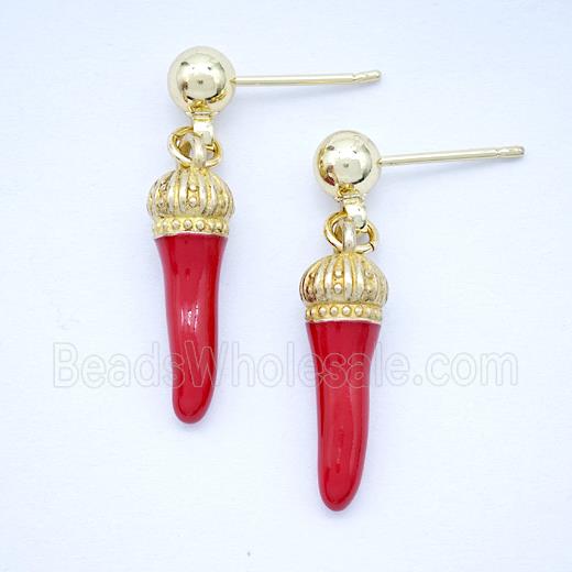 Copper Chili Stud Earrings Red Enamel Gold Plated