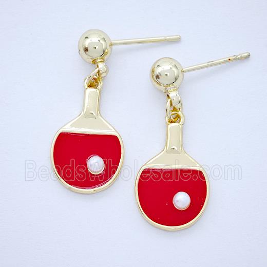 Copper Stud Earrings Red Enamel Table Tennis Rackets Sports Gold Plated