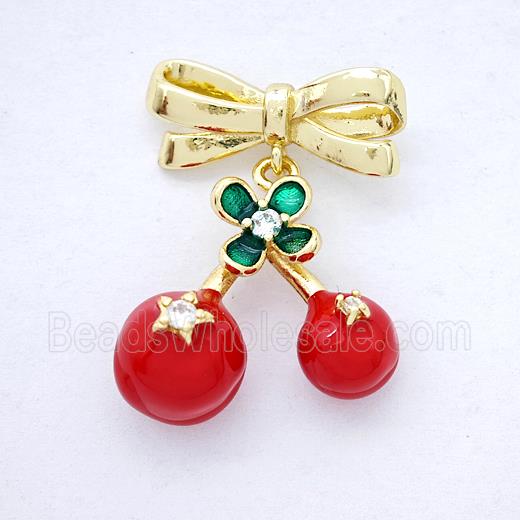 Copper Bowknot And Cherry Earrings Red Enamel Gold Plated