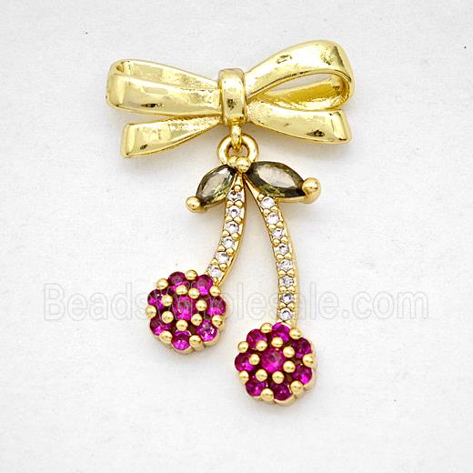Copper Bowknot And Cherry Earrings Pave Zirconia Gold Plated