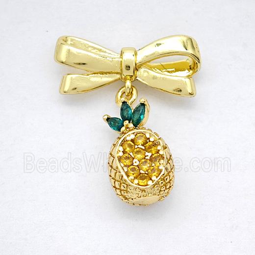 Copper Bowknot And Pineapple Earrings Pave Zirconia Gold Plated