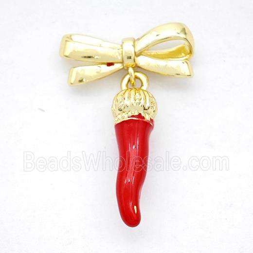 Copper Bowknot And Chili Earrings Red Enamel Gold Plated