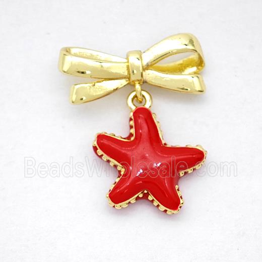 Copper Bowknot And Starfish Earrings Red Enamel Gold Plated