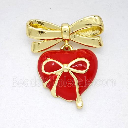 Copper Bowknot And Heart Earrings Red Enamel Gold Plated